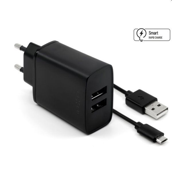 FIXED Síťová nabíječka Smart Rapid Charge s 2 x USB 15W + kabel USB/micro USB 1m, černá