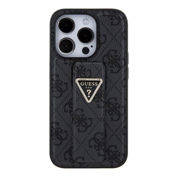 Guess PU Grip Stand 4G Strass Triangle Metal Logo Zadní kryt pro iPhone 15 Pro Max, black