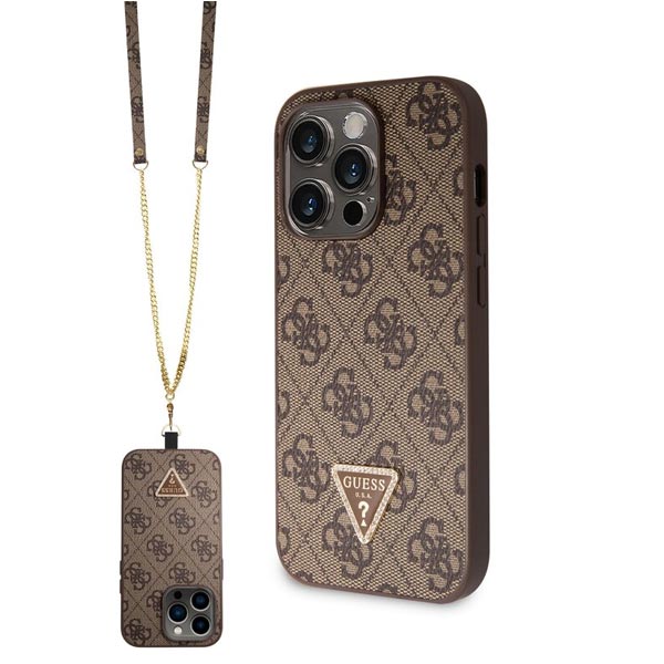 Guess PU 4G Strass Triangle Metal Logo Zadní Kryt + Crossbody Popruh pro iPhone 15 Pro Max, brown