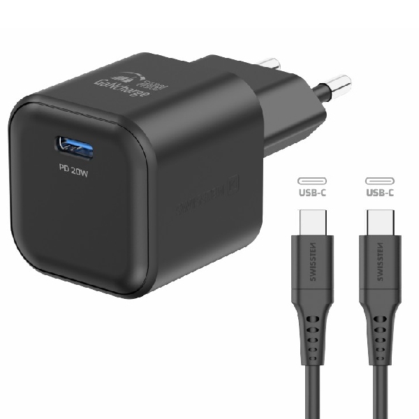 SWISSTEN GaN network adaptér 1x USB-C 20 W PD, black + Data cable USB-C/USB-C 1,2 m, black