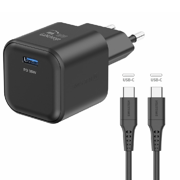 SWISSTEN GaN network adaptér 1x USB-C 35 W PD, black + Data cable USB-C/USB-C 1,2 m, black