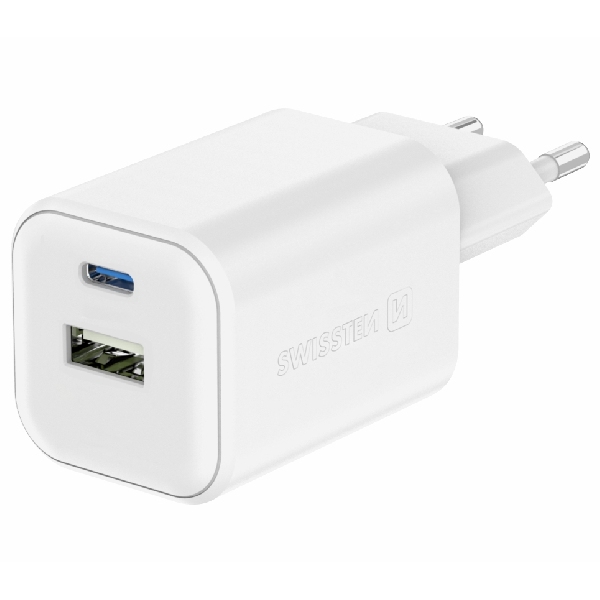 SWISSTEN GaN síťový adaptér 1x USB-C 45 W PD + 1x USB-A 18 W QC, bílý