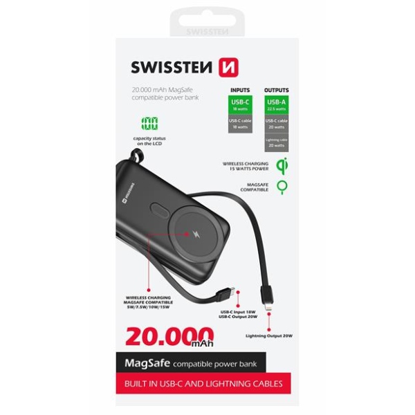 Swissten Powerbank 20 W 20000 mAh (compatible with MagSafe) with integrated USB-C and lighting cables, PD, black