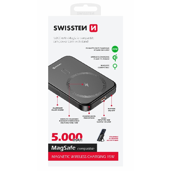 Swissten Powerbanka 20 W 5000 mAh (kompatibilný s MagSafe), PD, černá