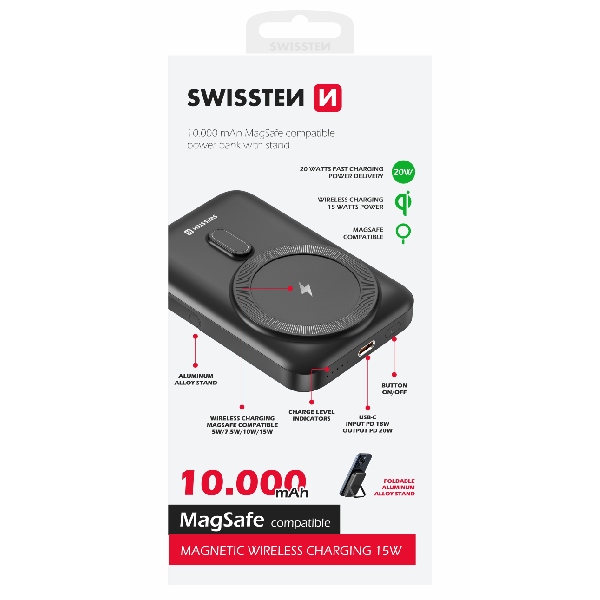 Swissten Powerbanka 20 W 10000 mAh (kompatibilný s MagSafe), PD, černá