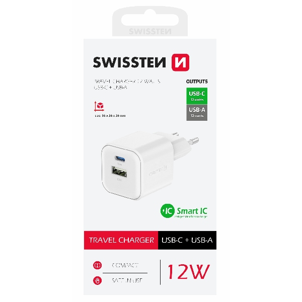 Swissten sieťový adaptér 1x USB-C + 1xUSB-A 12W, bílý