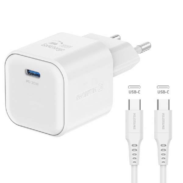 SWISSTEN GaN network adapter 1x USB-C 20 W PD, white + Data cable USB-C/USB-C 1,2 m, white