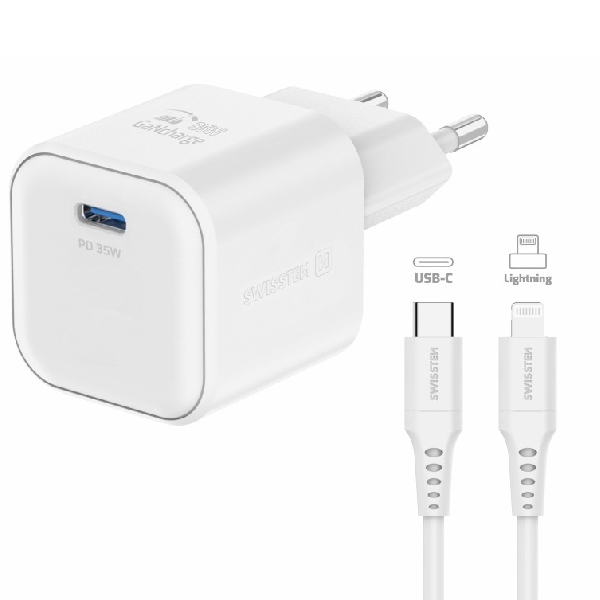 SWISTEN síťový adaptér 1x USB-C 35 W PD, bílý + datový kabel USB-C/lightning 1,2 m, bílý