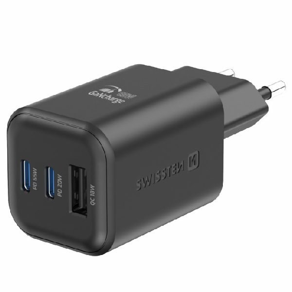 SWWISTEN síťový adaptér GaN 2x USB-C 65 W PD + 1x USB-A 18 W QC, černý