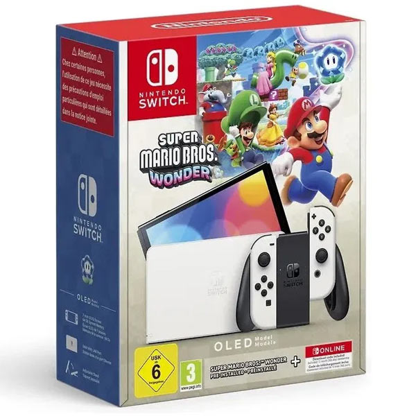 Nintendo Switch (OLED Model), white + Super Mario Bros Wonder + 12 měsíční předplatné na NSO