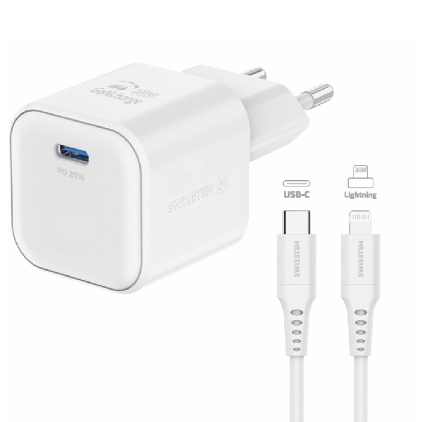 SWISSTEN GaN network adapter 1x USB-C 20 W PD, white + Data cable USB-C/Lighting 1,2 m, white, vystavený, záruka 21 měsíců