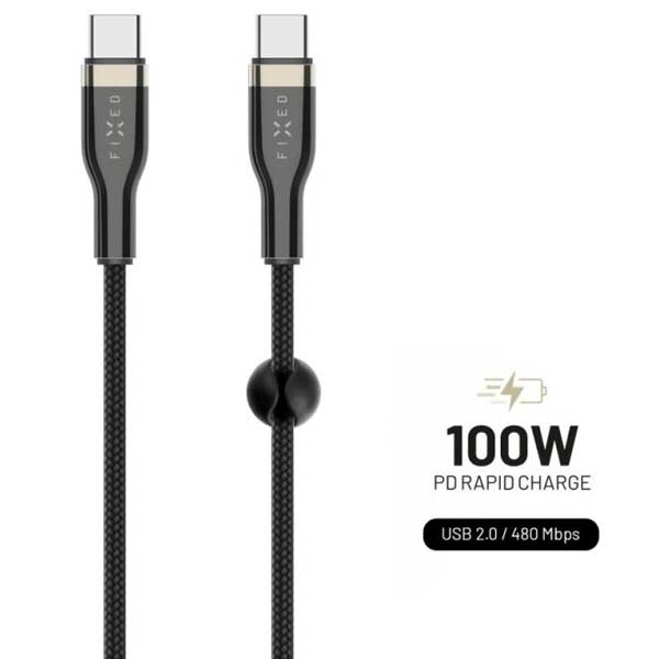 FIXED Nabíjecí a datový opletený kabel s USB-C/USB-C a podporou PD, 1,2 m, USB 2.0, 100 W, černý