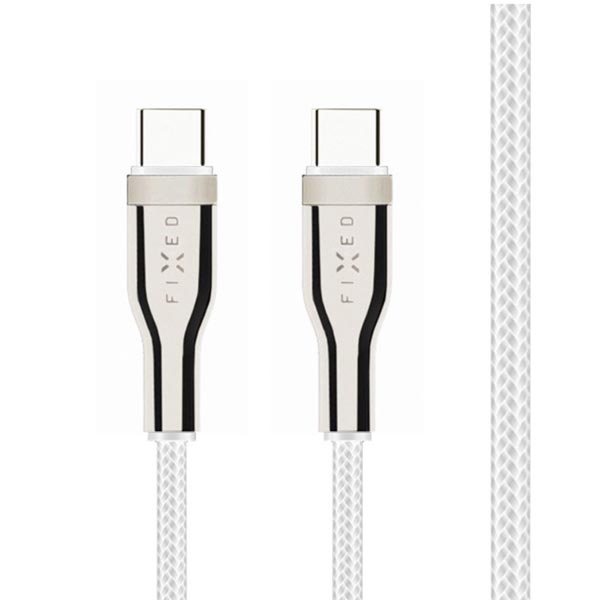 FIXED nabíjecí a datový opletený kabel s konektory USB-C/USB-C a podporou PD, 1,2 m, USB 2.0, 100 W, bílý