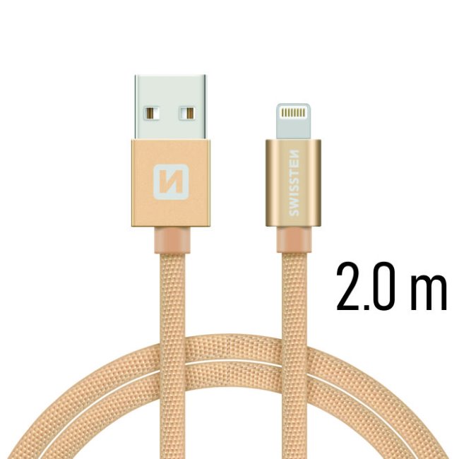 Datový kabel Swissten textilní s Lightning konektorem a podporou rychlonabíjení, Gold