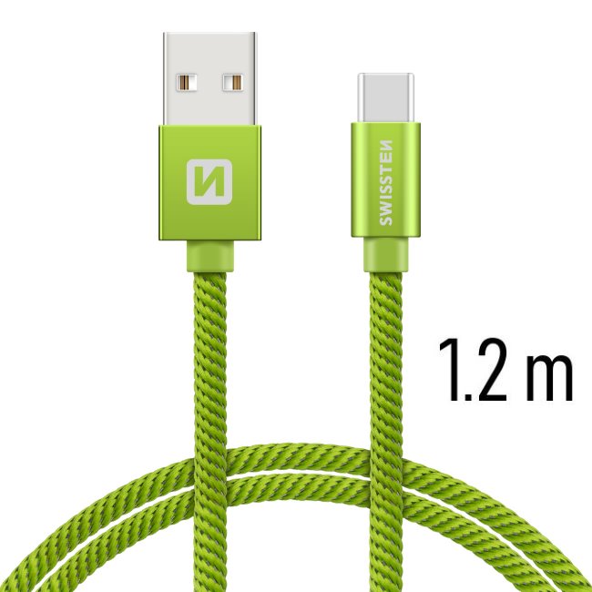 Datový kabel Swissten textilní s USB-C konektorem a podporou rychlonabíjení, Green