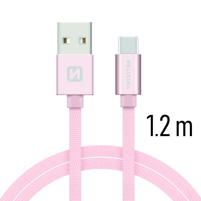 Datový kabel Swissten textilní s USB-C konektorem a podporou rychlonabíjení, Rose Gold