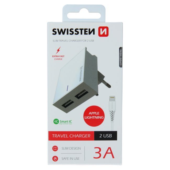 Rychlonabíječka Swissten Smart IC 3.A s 2 USB konektory + datový kabel USB/Lightning 1,2 m, bílá