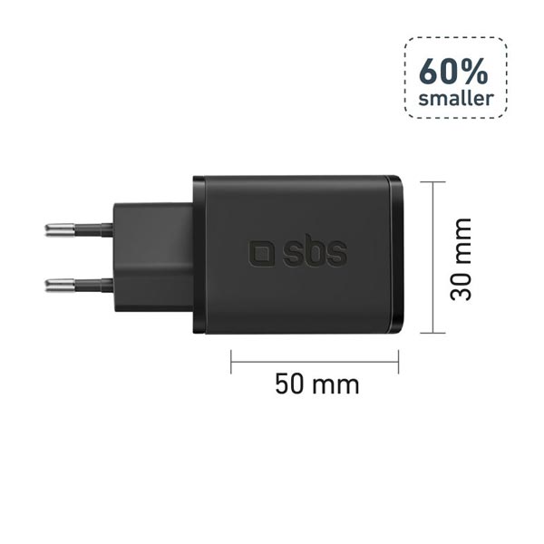 SBS Cestovní adaptér Mini USB-C, GaN, 45 W, PD, černá