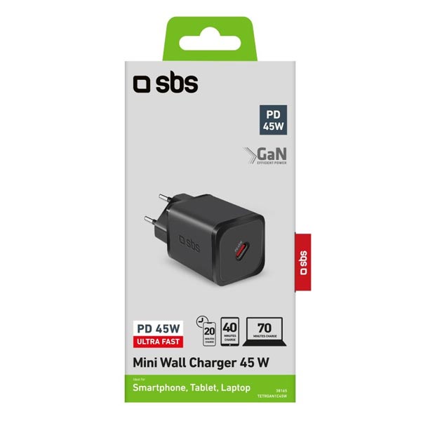 SBS Cestovní adaptér Mini USB-C, GaN, 45 W, PD, černá