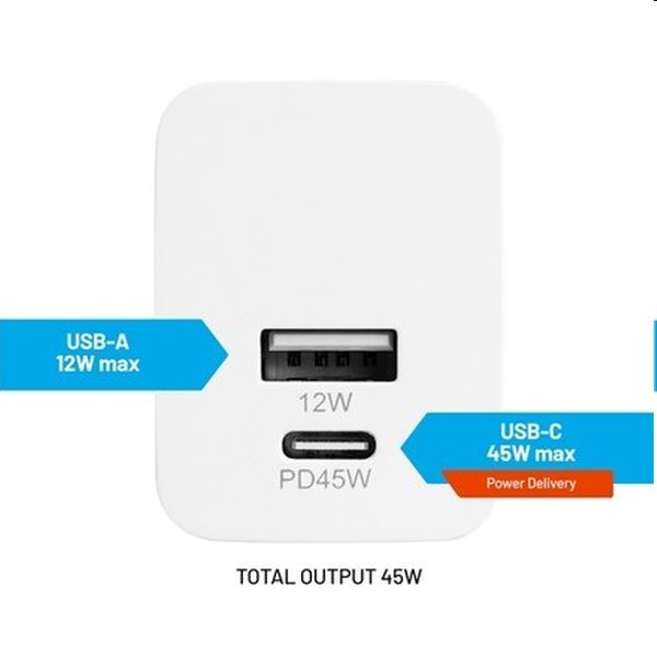 FIXED Mini Síťová nabíječka USB-C/USB, 45W, bílá