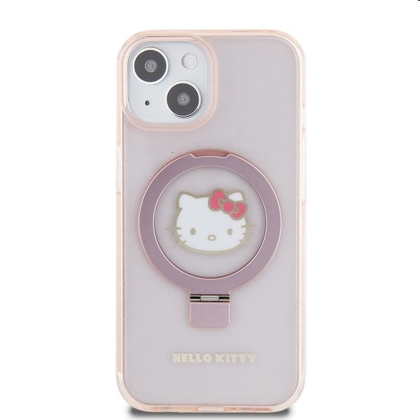 Zadní kryt Hello Kitty IML Ringstand Glitter Kitty Head Logo MagSafe pro Apple iPhone 15, růžové