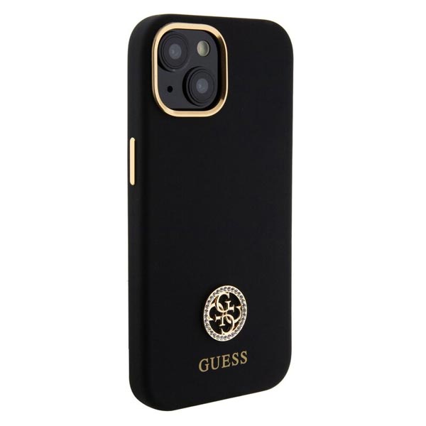 Guess Liquid Silicone 4G Strass Metal Logo Zadí Kryt pro iPhone 15, black