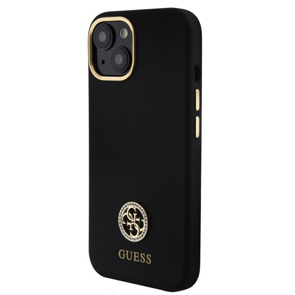 Guess Liquid Silicone 4G Strass Metal Logo Zadí Kryt pro iPhone 15, black