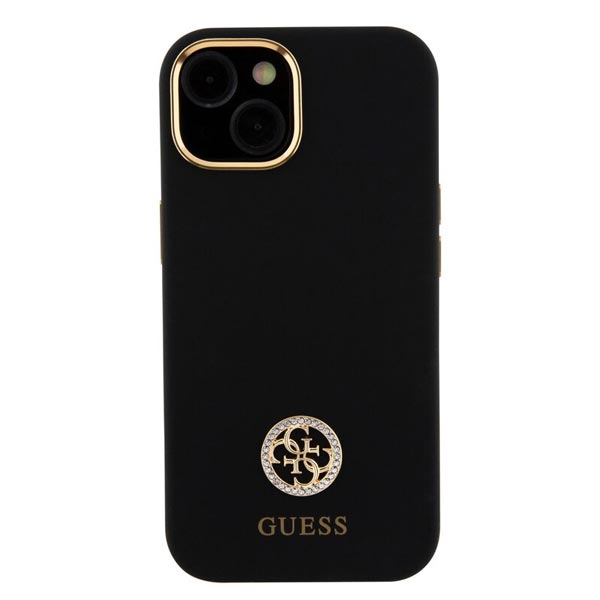 Guess Liquid Silicone 4G Strass Metal Logo Zadí Kryt pro iPhone 15, black