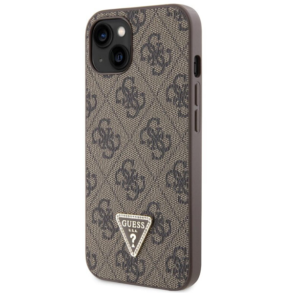 Guess PU 4G Strass Triangle Metal Logo Zadí Kryt pro iPhone 15, brown