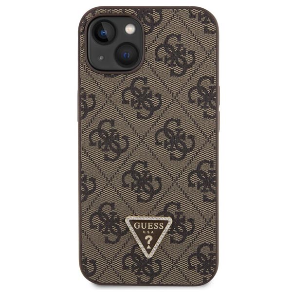 Guess PU 4G Strass Triangle Metal Logo Zadí Kryt pro iPhone 15, brown