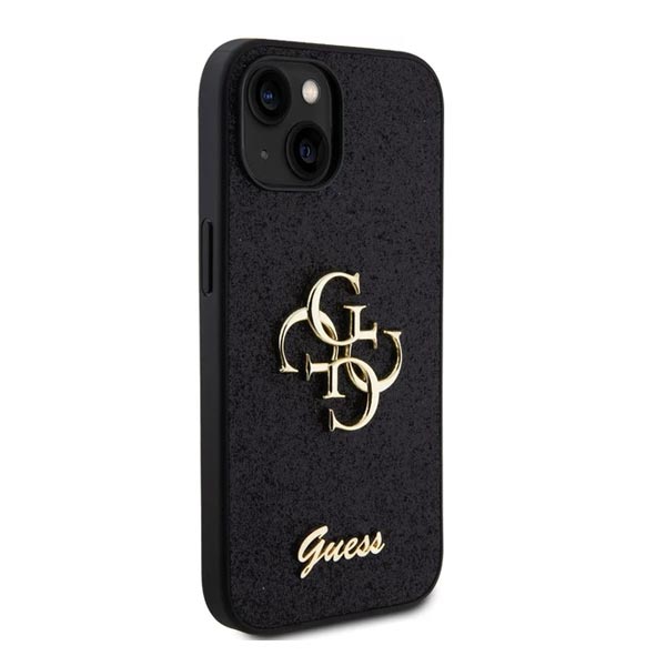 Guess PU Fixed Glitter 4G Metal Logo Zadní Kryt pro iPhone 15, black