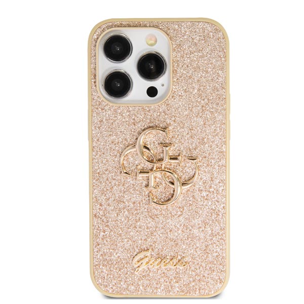 Guess PU Fixed Glitter 4G Metal Logo Zadní Kryt pro iPhone 15 Pro Max, gold