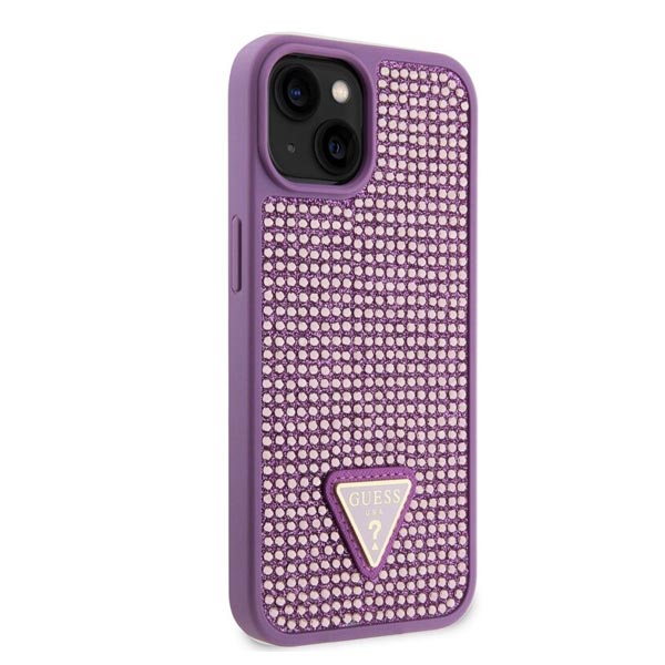 Guess Rhinestones Triangle Metal Logo Kryt pro iPhone 15, fialové