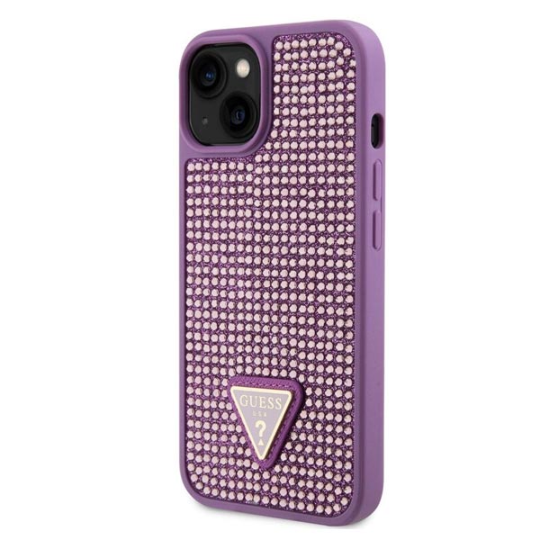 Guess Rhinestones Triangle Metal Logo Kryt pro iPhone 15, fialové