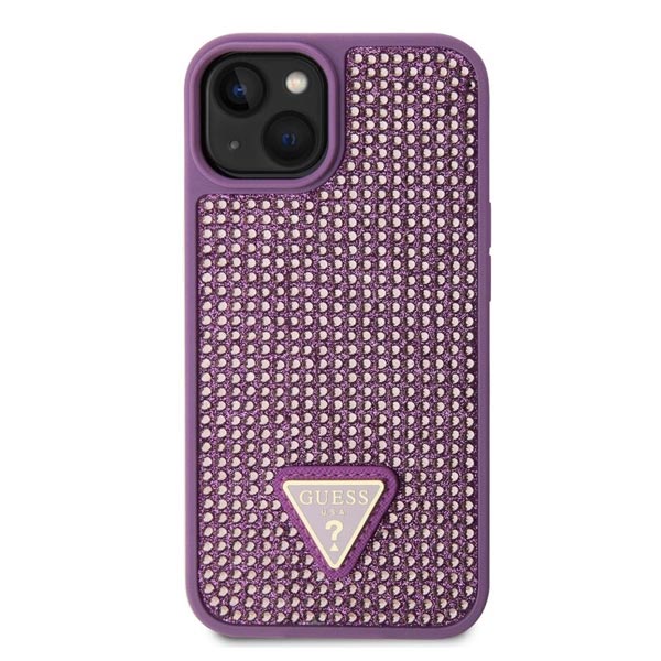 Guess Rhinestones Triangle Metal Logo Kryt pro iPhone 15, fialové