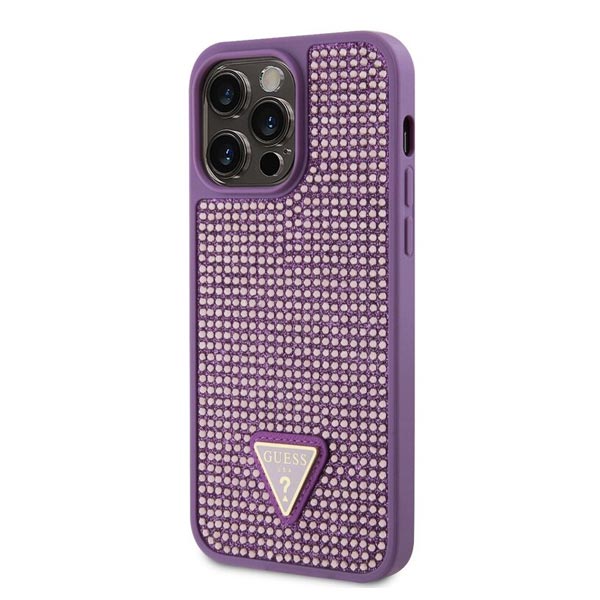 Guess Rhinestones Triangle Metal Logo Kryt pro iPhone 15 Pro, fialové