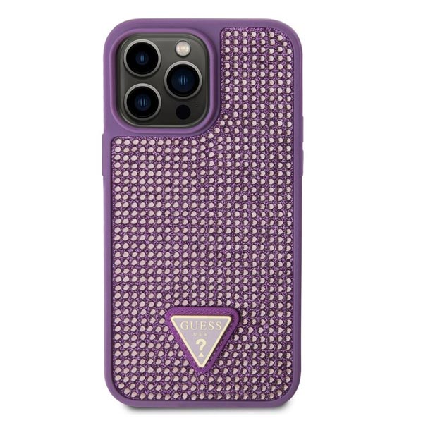 Guess Rhinestones Triangle Metal Logo Kryt pro iPhone 15 Pro, fialové