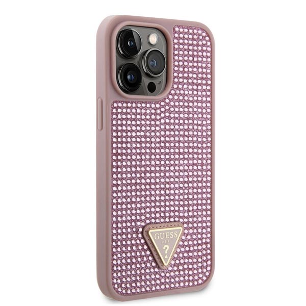 Guess Rhinestones Triangle Metal Logo Kryt pro iPhone 15 Pro, růžové