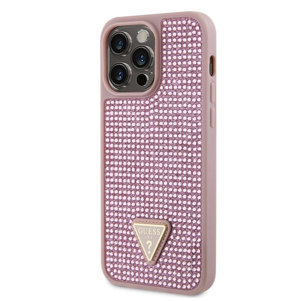 Guess Rhinestones Triangle Metal Logo Kryt pro iPhone 15 Pro, růžové