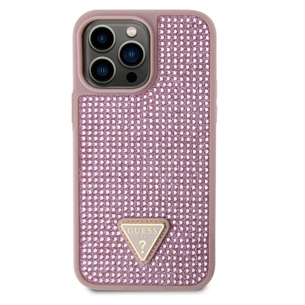 Guess Rhinestones Triangle Metal Logo Kryt pro iPhone 15 Pro, růžové