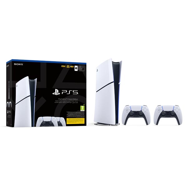 PlayStation 5 Digital (Model Slim) + PlayStation 5 DualSense Wireless Controllers, black & white