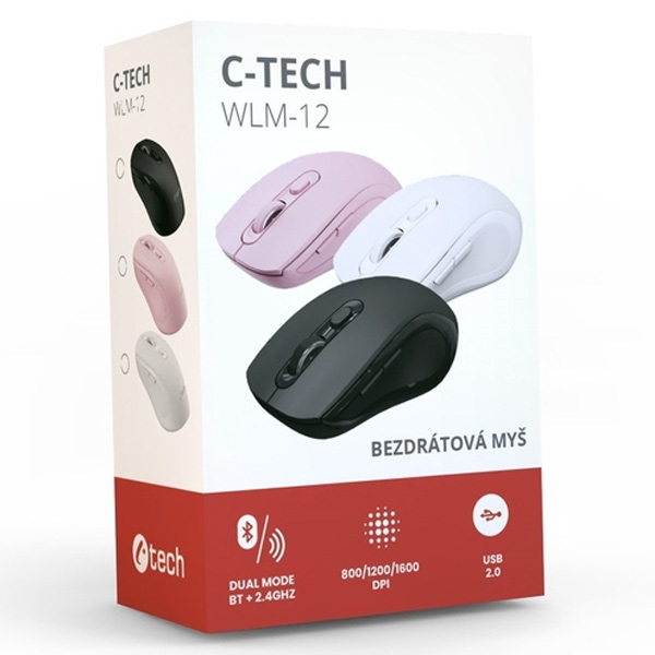 Bezdrátová myš C-Tech WLM-12, duální režim, BT5.0, USB, 1600 DPI, bílá