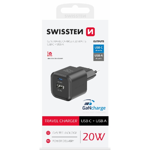 SWISSTEN GaN network adapter 1x USB-C 20 W PD + 1x USB-A 18 W QC, black