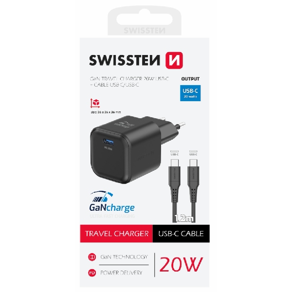 SWISSTEN GaN network adaptér 1x USB-C 20 W PD, black + Data cable USB-C/USB-C 1,2 m, black