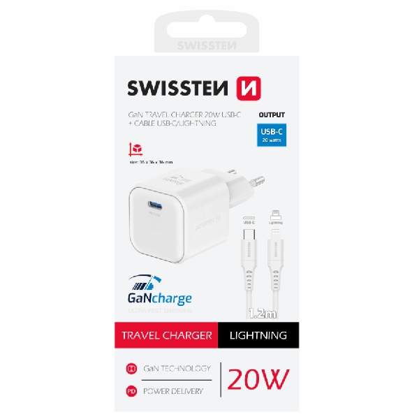 SWISSTEN GaN network adaptér 1x USB-C 20 W PD, white + Data cable USB-C/Lighting 1,2 m, white