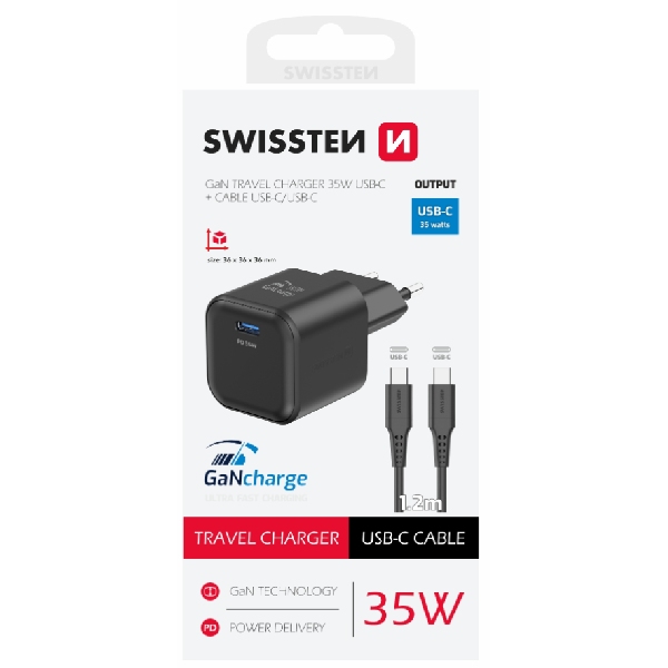 SWISSTEN GaN network adaptér 1x USB-C 35 W PD, black + Data cable USB-C/USB-C 1,2 m, black