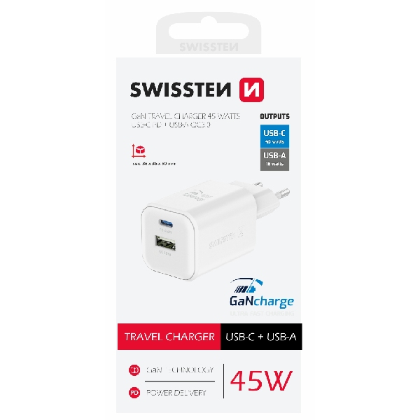 SWISSTEN GaN síťový adaptér 1x USB-C 45 W PD + 1x USB-A 18 W QC, bílý