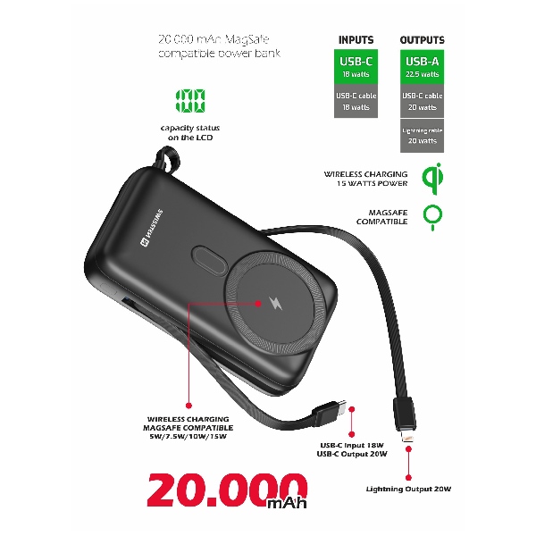 Swissten Powerbank 20 W 20000 mAh (compatible with MagSafe) with integrated USB-C and lighting cables, PD, black