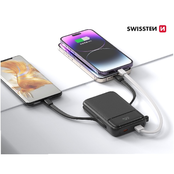 Swissten Power bank 20 W 10000 mAh (MagSafe compatible) with integrated USB-C cables and white cables, PD, black