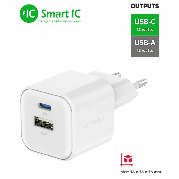 Swissten sieťový adaptér 1x USB-C + 1xUSB-A 12W, bílý